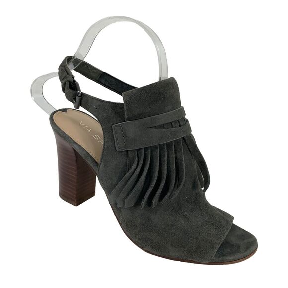 Via Spiga Bootie Peep Toe Sz 7 Heels Gray Leather Fringe Southwestern Country - Picture 1 of 16